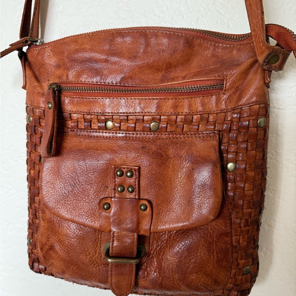 Vintage Brown Leather Crossbody Bag with Woven Texture